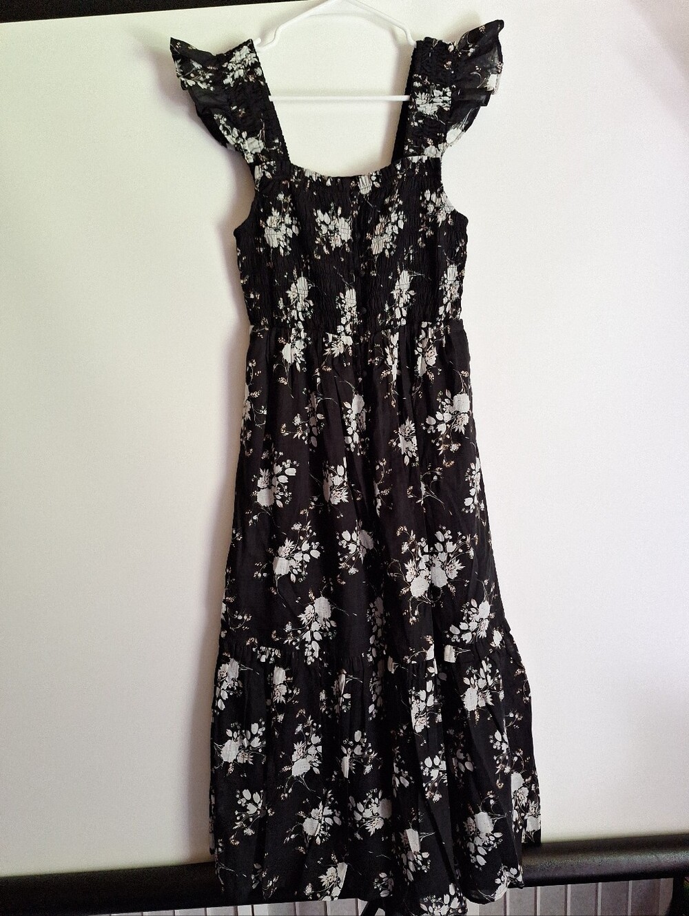 Antropologie Black Floral Ruffle Strap Maxi Dress